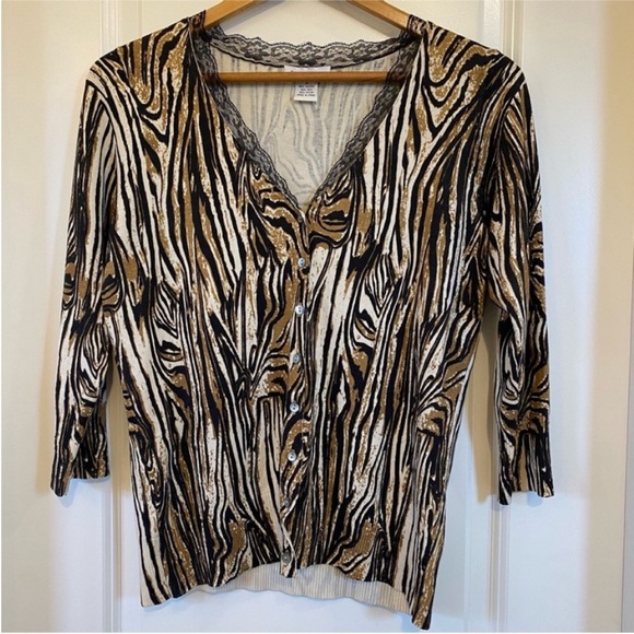 Gabriella Rossi silk blend animal print lace trim 3/4 sleeve cardigan, size S - Picture 1 of 6